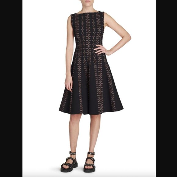 $2740 ALAIA 21W Black Fit & Flare Abstract Geometric Boat Neck Dress sz IT 44/8 - Picture 1 of 9